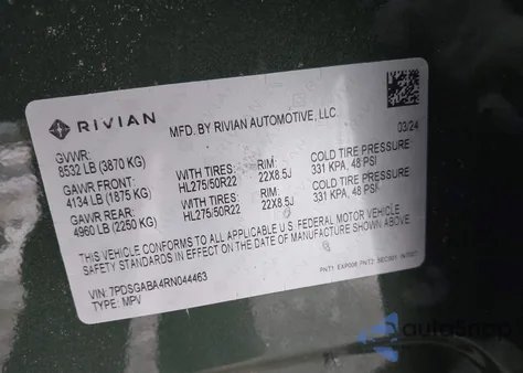 2024 Rivian R1S Adventure Quad Motor Large Pack z USA, uszkodzony, nr VIN 7PDSGABA4RN044463